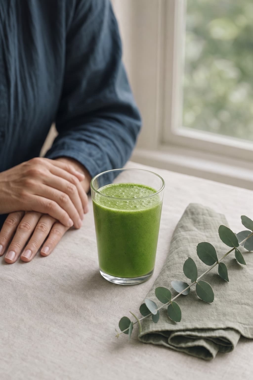 A green smoothie on a linen-covered table beside a sprig of eucalyptus