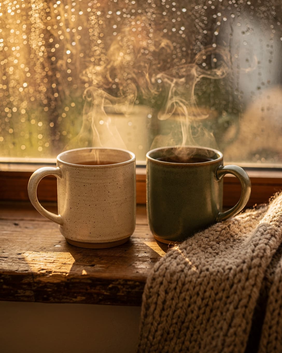 Two steaming ceramic mugs side by side on a wooden windowsill in warm evening light