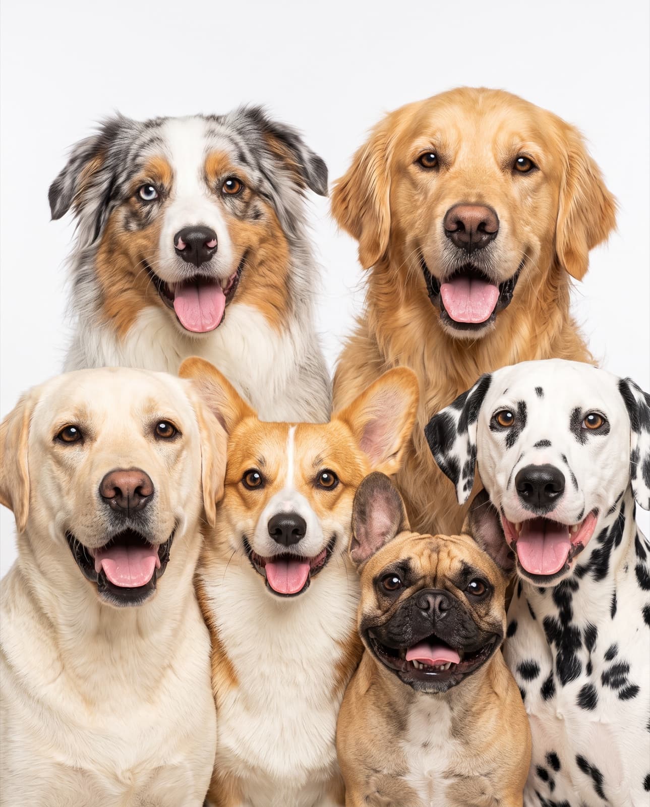 Six dogs of different breeds together against a white background