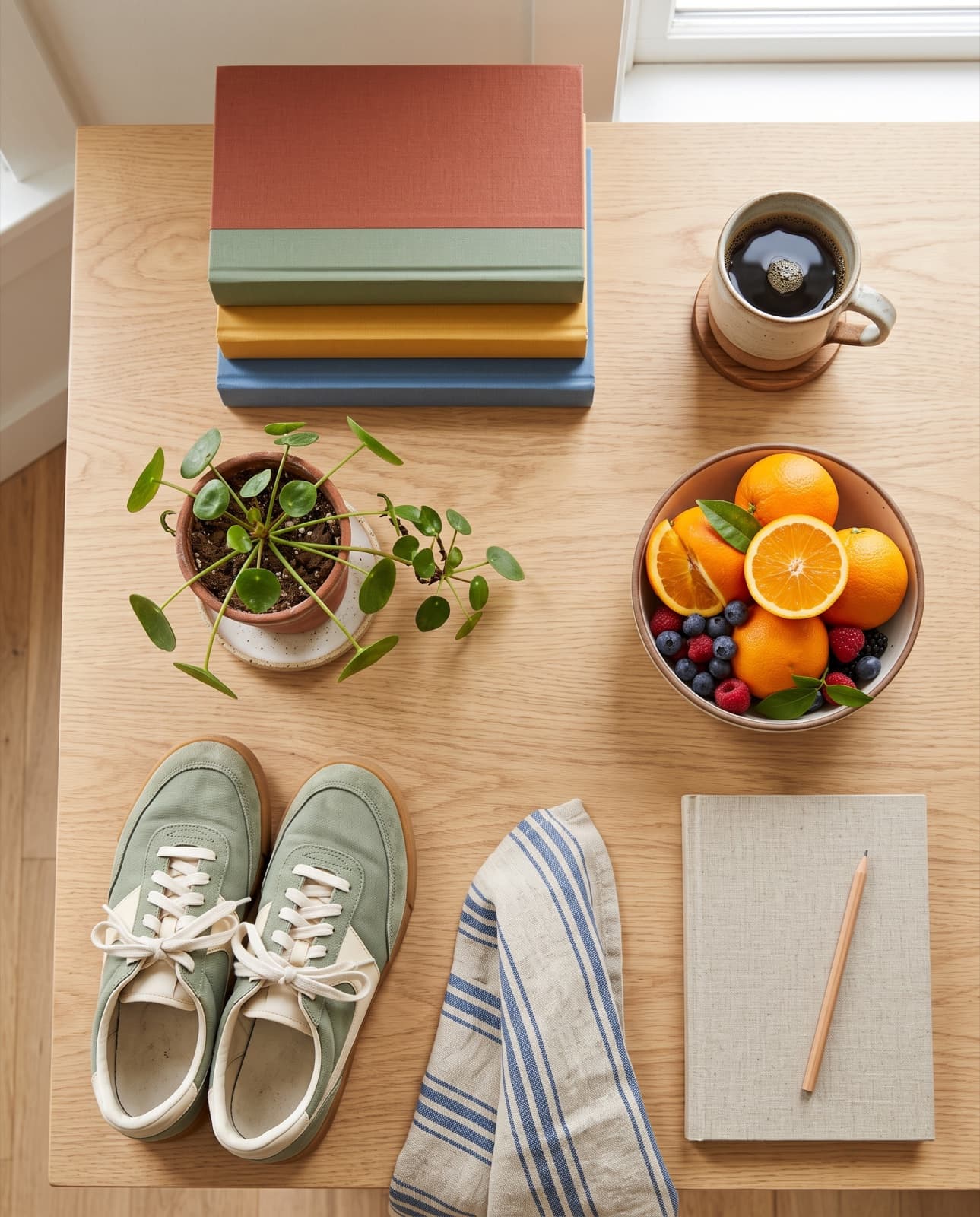 An open journal, colourful books, coffee, fruit and running shoes on a sunlit oak table