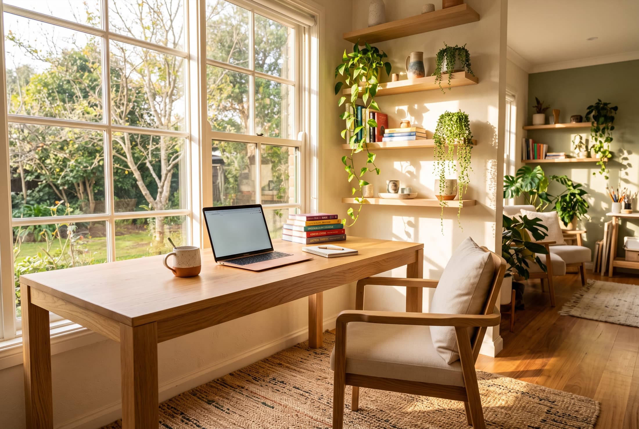 A sunlit studio workspace with an oak desk, laptop, books and plants
